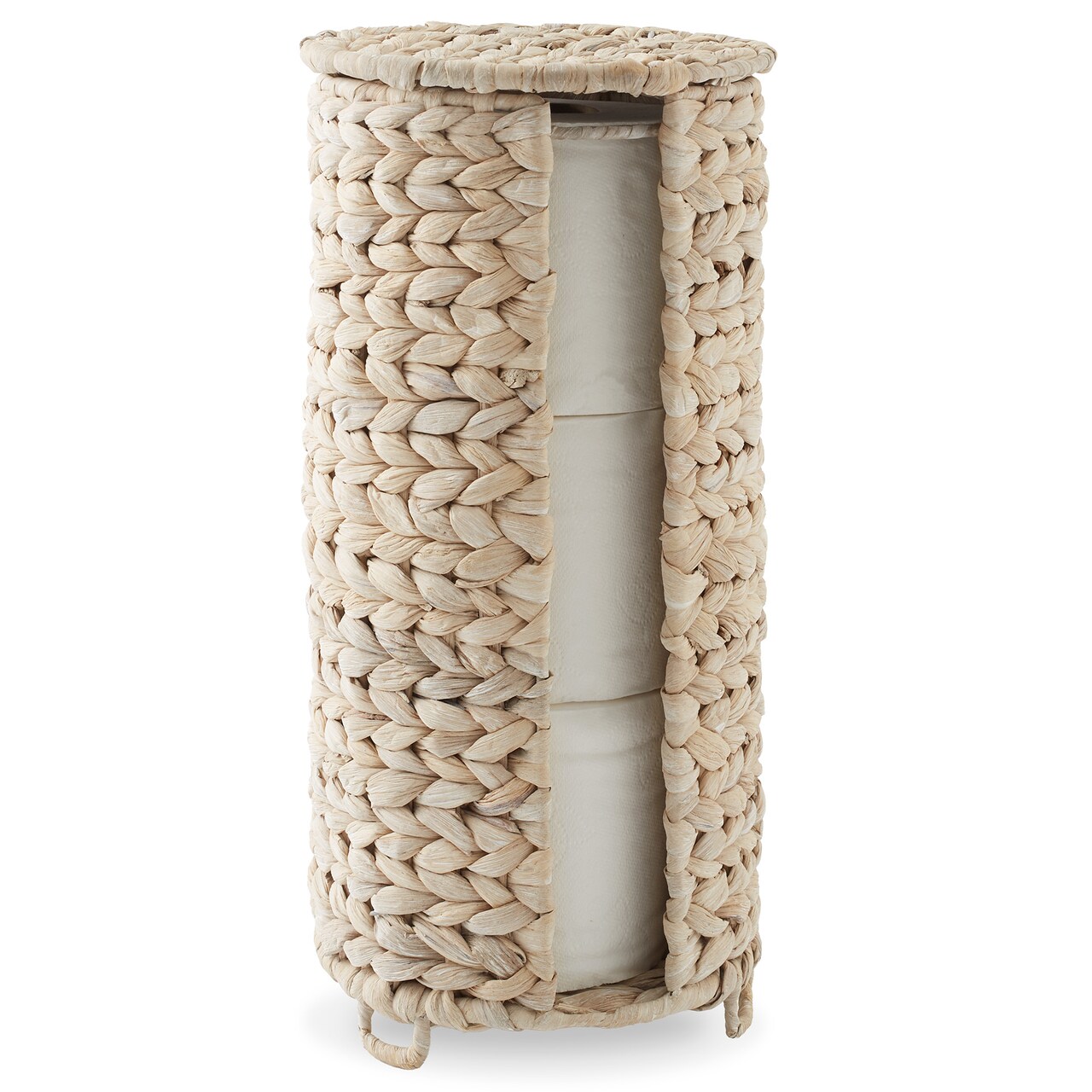 Casafield Free Standing Toilet Paper Storage Roll Holder with Lid - Natural, Fits 3 Rolls, Seagrass or Water Hyacinth Bath Tissue Organizer for Bathroom